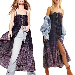 New We The Free x Free People Plaid City XS Purple Button Front Maxi Top / Dress